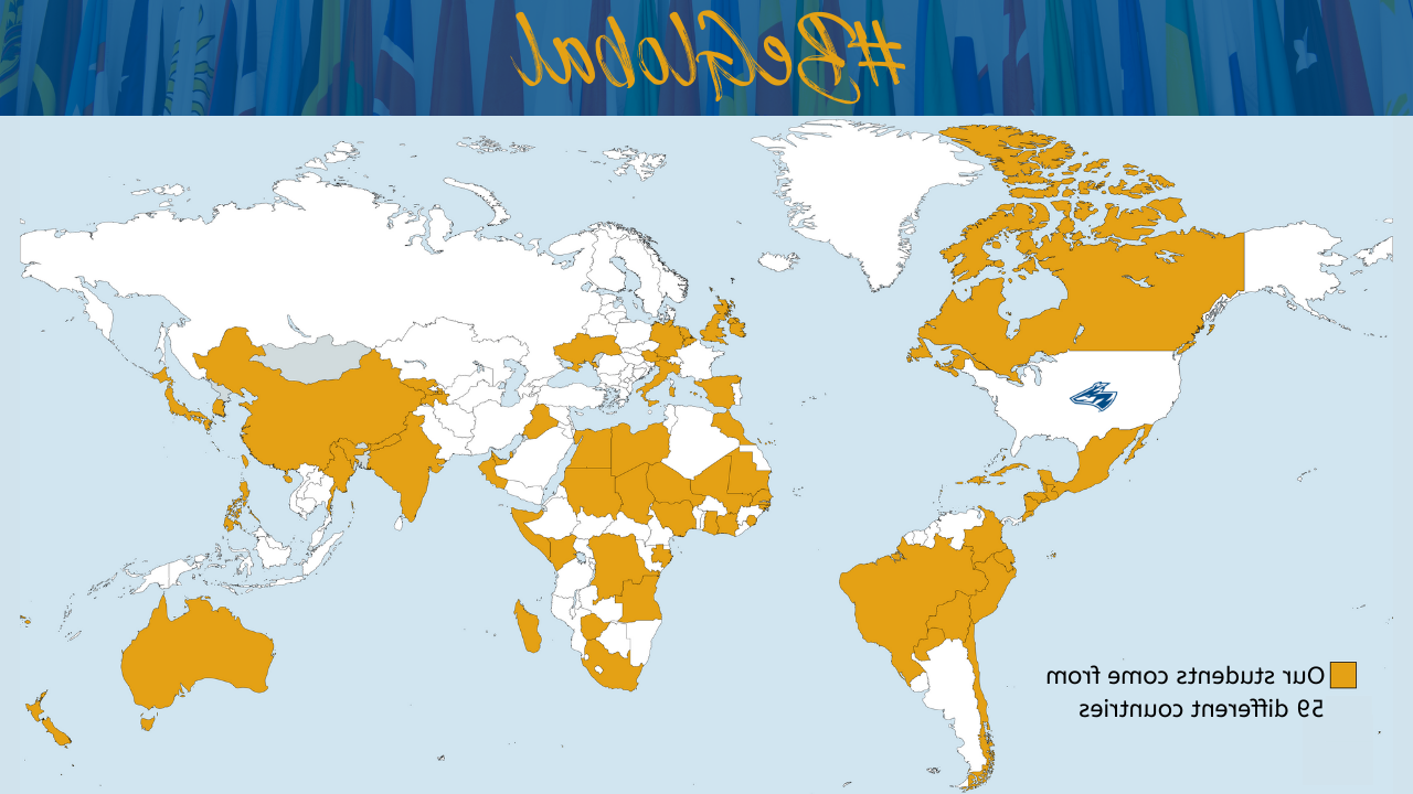 World map showing all 59 countries that bet36365体育 students come from.  Some of these include World map showing all 59 countries that bet36365体育 students come from.  Some of these include Spain, El Salvador, Canada, Oman, Guatemala, Korea, Cuba, China, Nepal, Mexico, and Japan